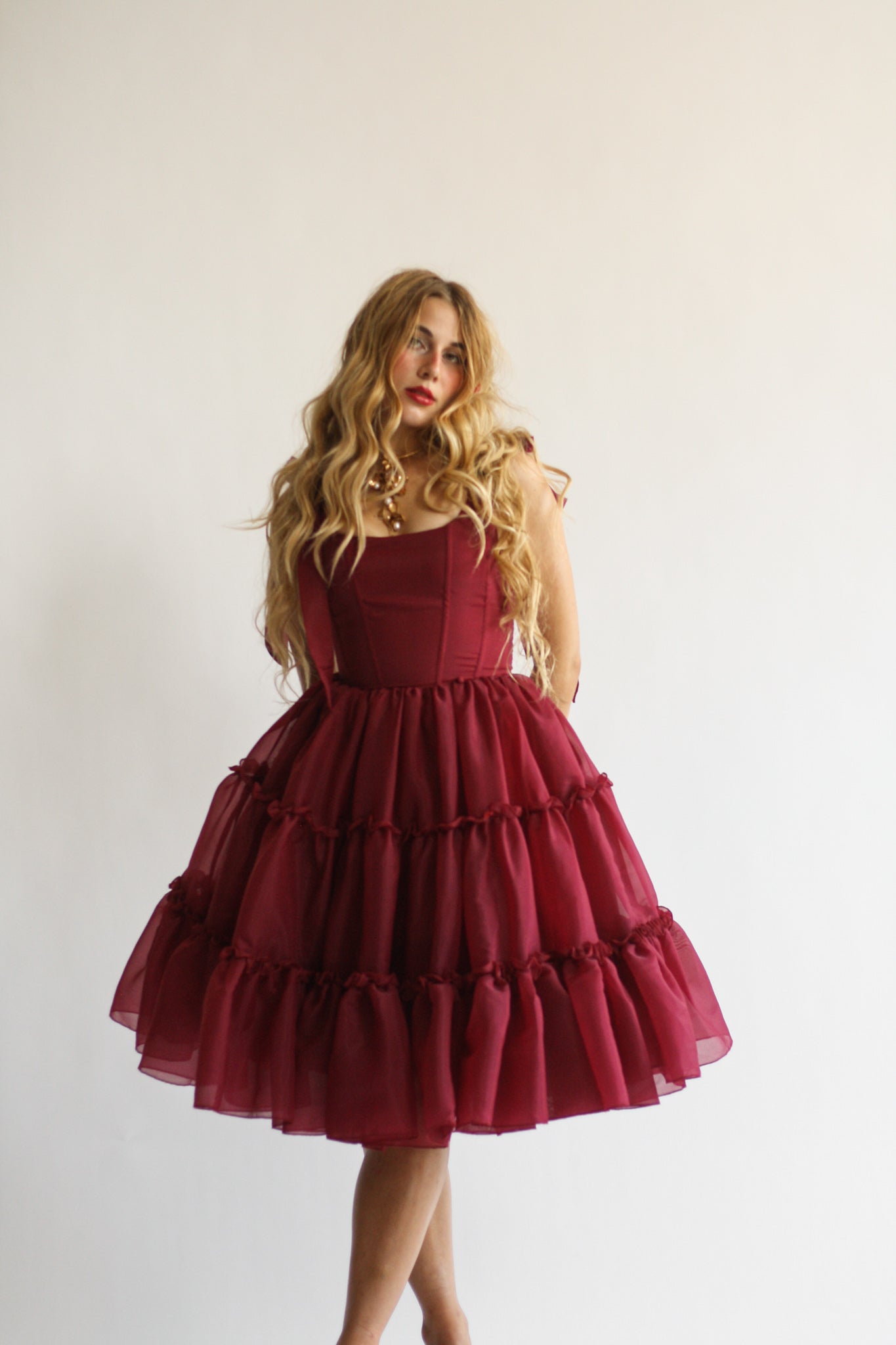 Wild Rose & Sparrow The Siena Dress in Scarlet Red Formal Occasion Burgundy Red Midi Homecoming Corset Dress Wild Rose & Sparrow The Siena Dress in Scarlet Red Formal Occasion Burgundy Red Midi Homecoming Corset Dress