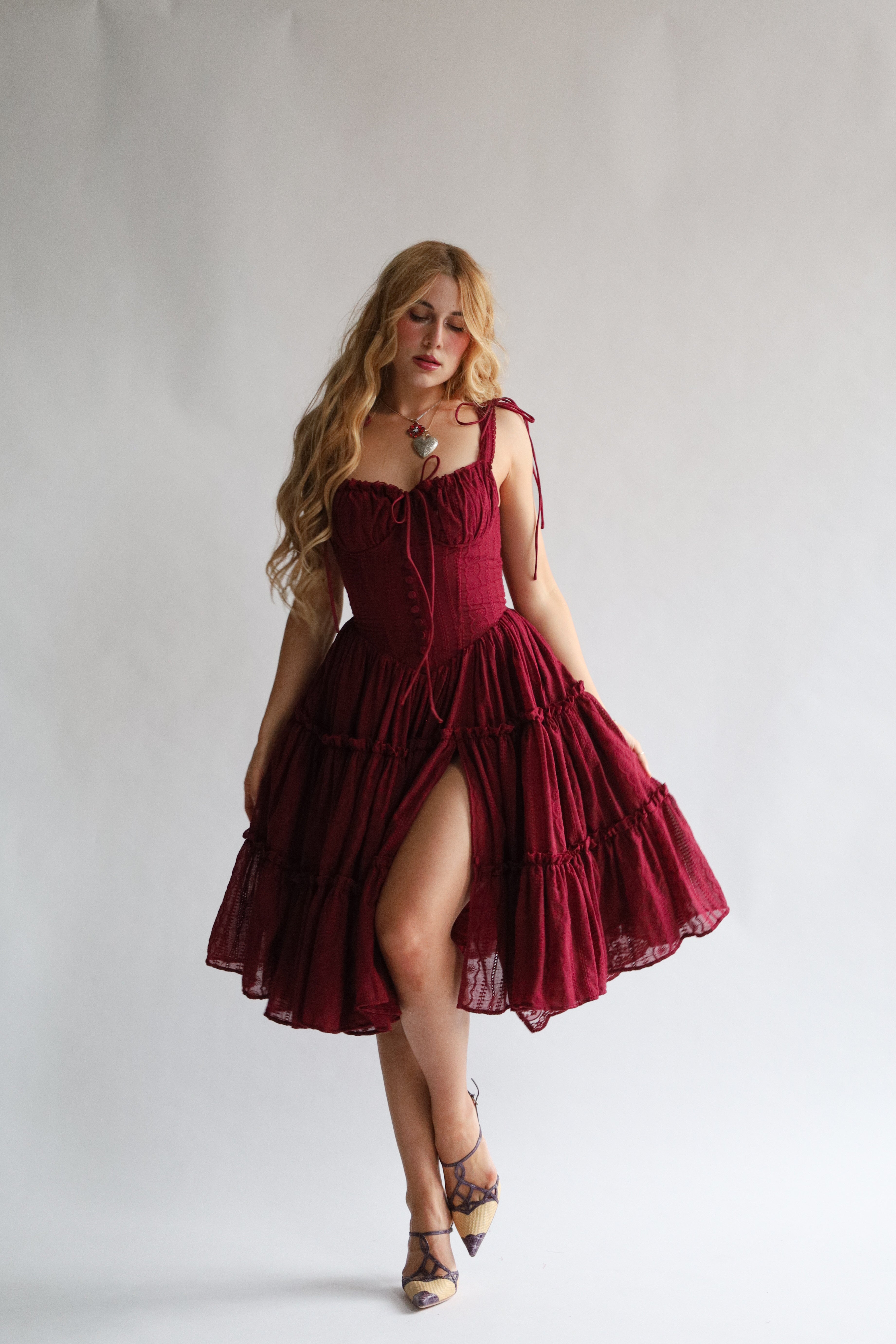 Wild Rose & Sparrow The Fae Midi Dress in Garnet Red