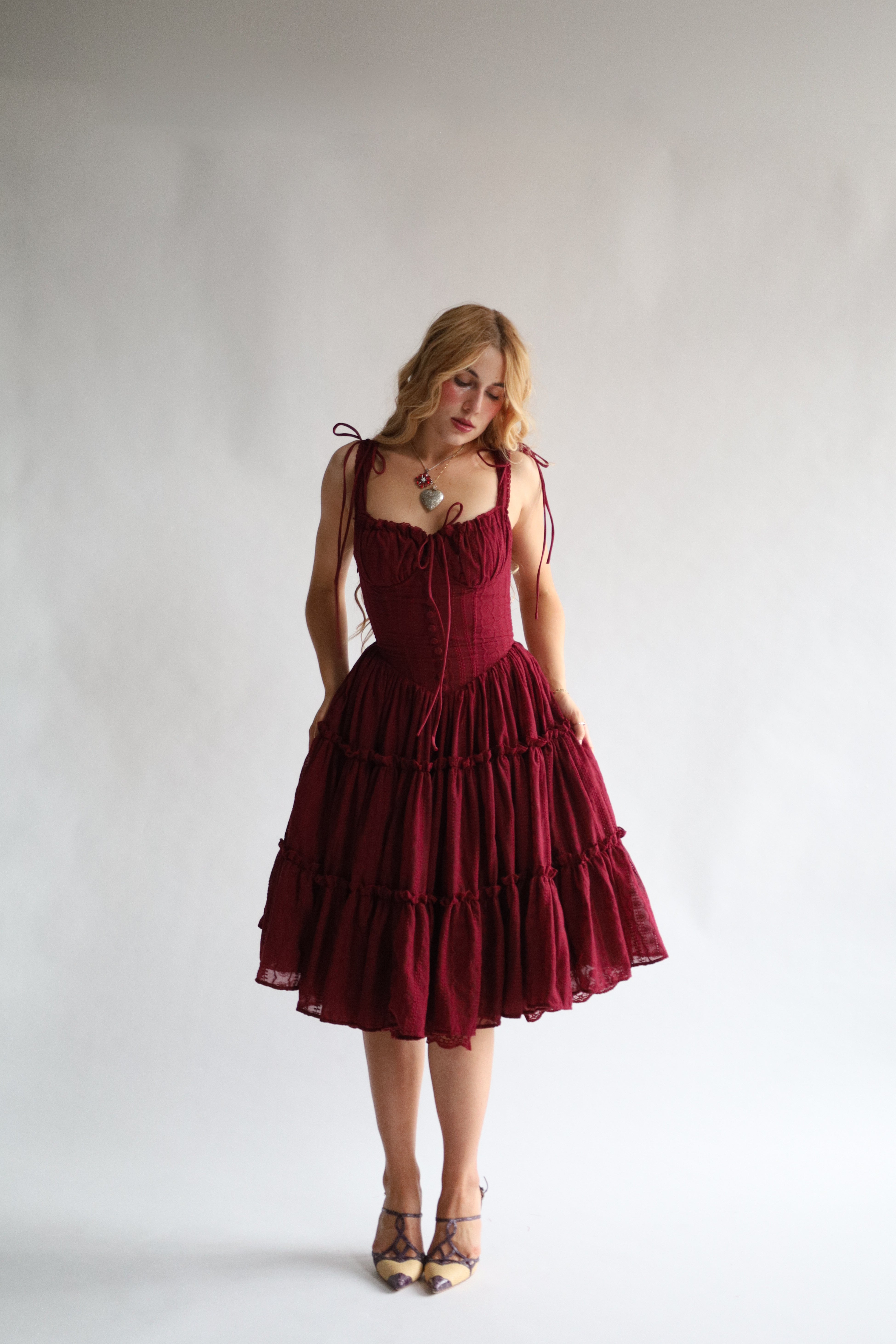 Wild Rose & Sparrow The Fae Midi Dress in Garnet Red